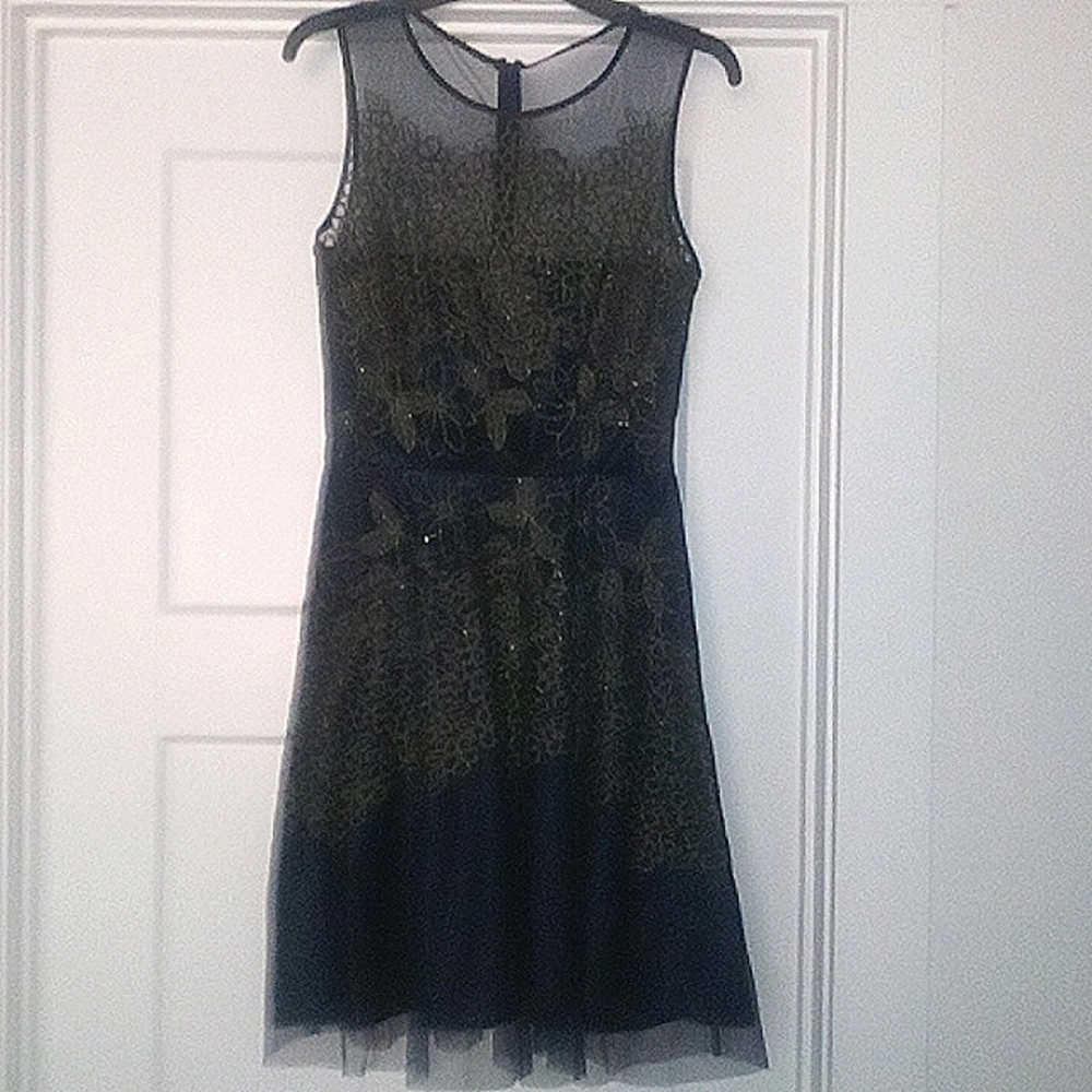 Tahari ASL Size 4 Dark Blue and Gold Sparkle Dress